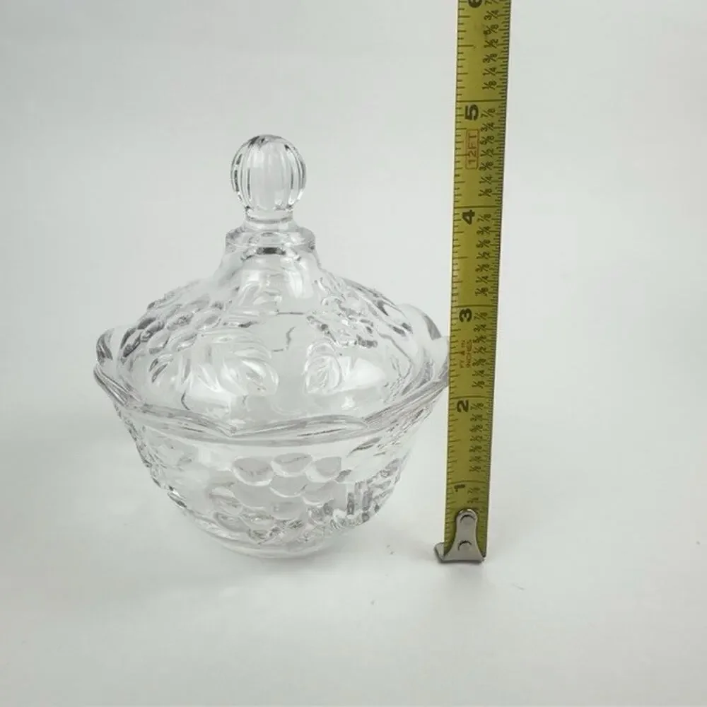 Vintage Clear Glass Candy Dish and Lid w/ Grape Vine /Cherries/Flowers Motif